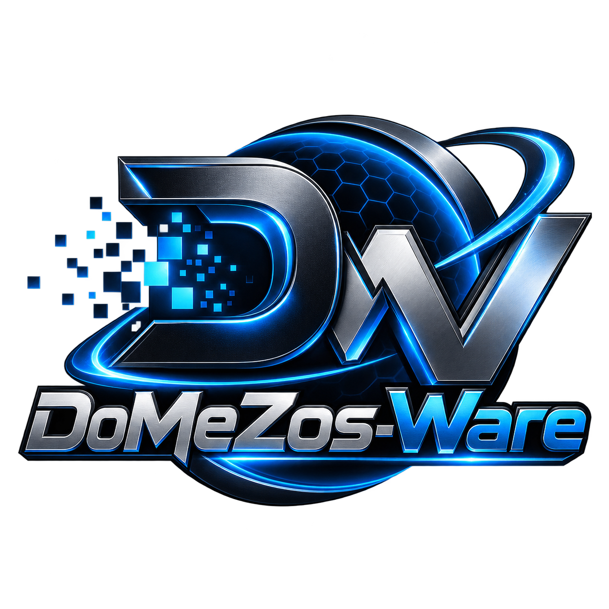 Echtes metallisch-blaues DoMeZos-Ware Logo mit Neon-Effekten