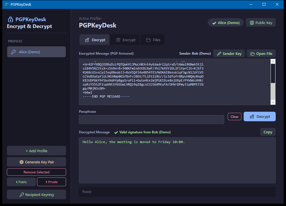 Original-Screenshot von PGPKeyDesk mit Demonstrationsschlüsseln